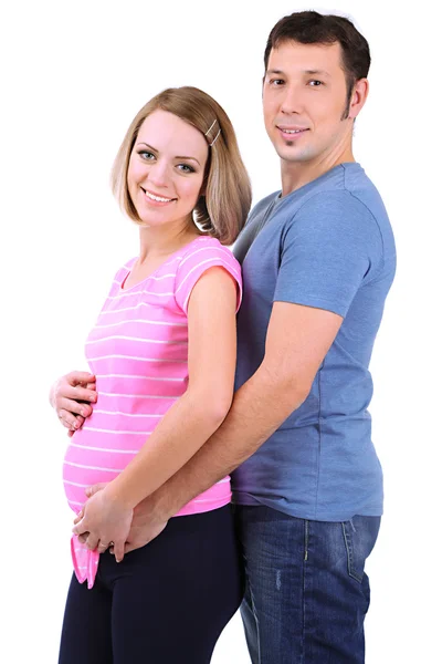 Jeune femme enceinte avec son mari isolé sur blanc — Photo