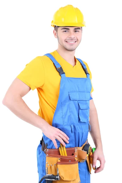 Mannelijke bouwer in gele helm geïsoleerd op wit — Stockfoto