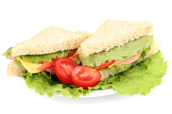 Friss és ízletes szendvicseket elszigetelt fehér tányérra — Stock Fotó
