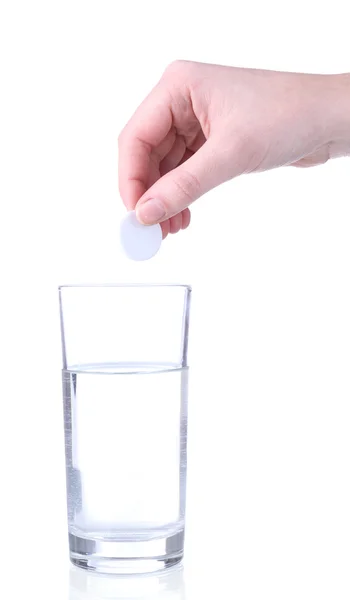 Efervescent タブレット白で隔離される泡を水でガラス — ストック写真