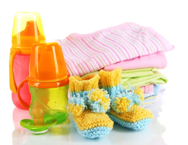 Composition with crocheted booties for baby, isolated on white — Stock Photo, Image