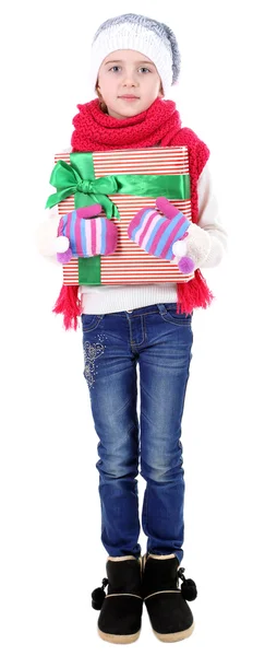 Beautiful little girl holding present box isolated on white — Stock Photo, Image