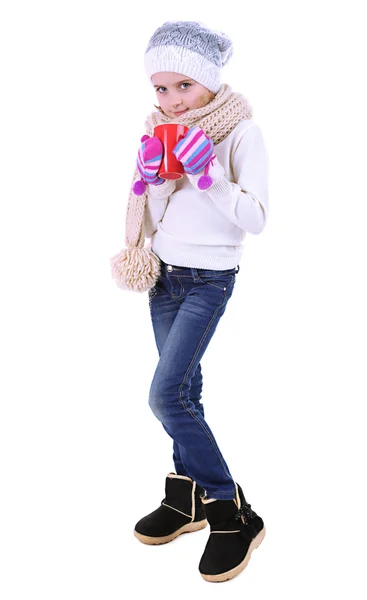 Menina bonita segurando copo vermelho isolado no branco — Fotografia de Stock