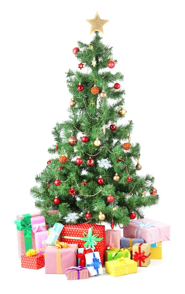 Decorated Christmas tree with gifts isolated on white — Stock Photo, Image