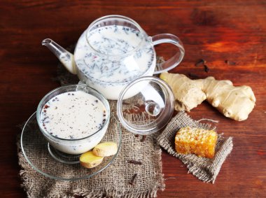 çaydanlık ve çay süt ve baharatlar üstünde çul ahşap tablo
