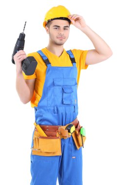 erkek üzerinde beyaz izole sarı kask oluşturucu