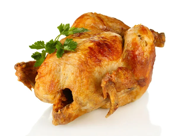 Geheel gebraden kip met peterselie geïsoleerd op wit — Stockfoto