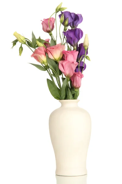 Bouquet of eustoma flowers in vase isolated on white — Stock Photo, Image