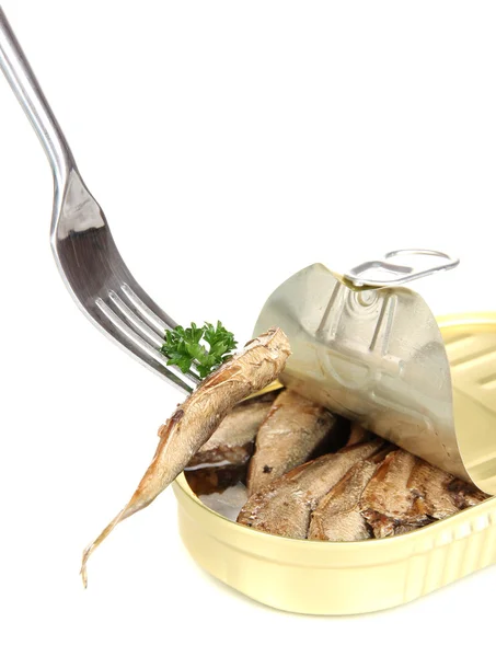 Boite ouverte avec sardines, isolée sur blanc — Photo