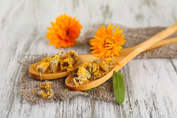 Fresh and dried calendula flowers on wooden background — Stock Photo, Image