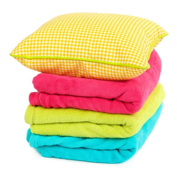 Colorful plaids and pillow isolated on white — Stock Photo, Image