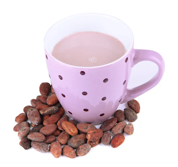 Cocoa drink and cocoa beans isolated on white — Stock Photo, Image