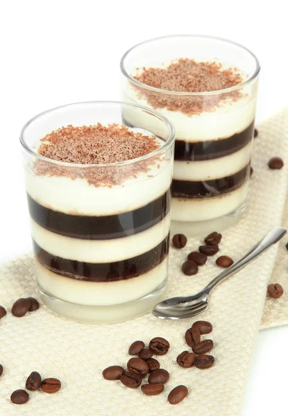 Smakfull jelly coffee med melk på bordet på hvit bakgrunn – stockfoto