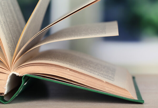 Opened book on wooden table on bright background