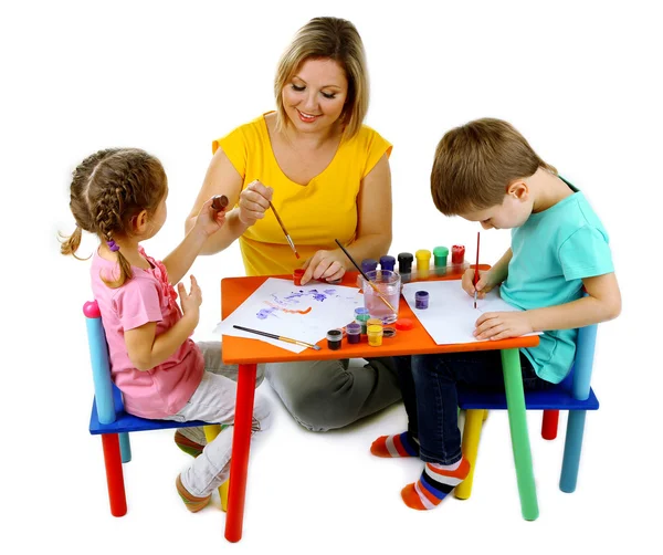 Little children drawing with mom isolated on white — Stock Photo, Image