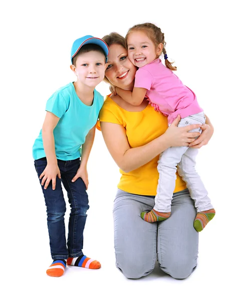 Little children with nice mom isolated on white — Stock Photo, Image