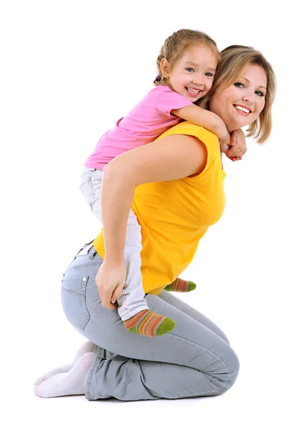 Beautiful mom with little daughter isolated on white — Stock Photo, Image