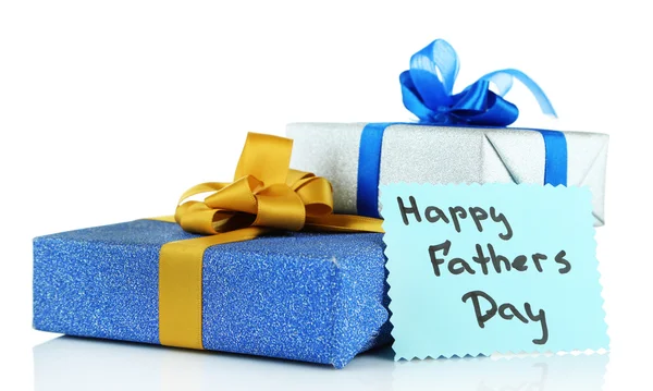 Etiqueta Día de los Padres Feliz con cajas de regalo, aislado en blanco —  Fotos de Stock