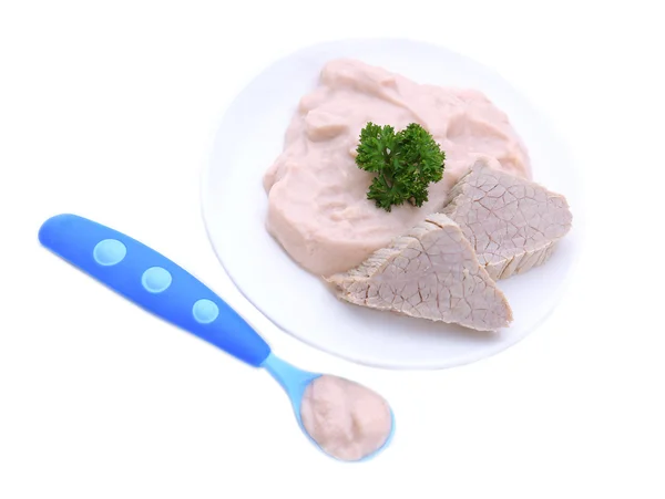 Pasta de carne para alimentação infantil, isolada em branco — Fotografia de Stock