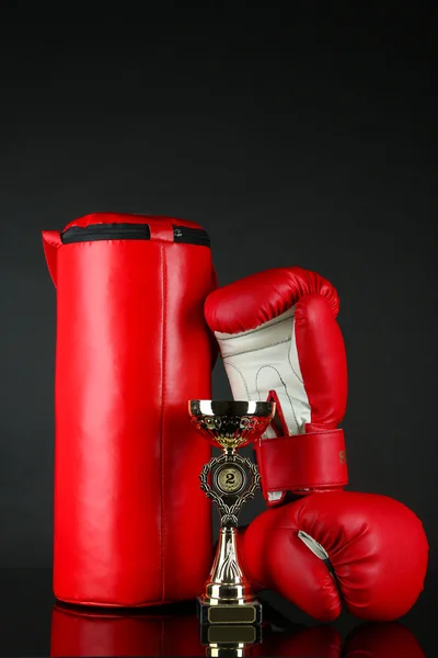 Guantes de boxeo y saco de boxeo, aislados en negro — Foto de Stock