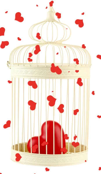 Herz im dekorativen Käfig, isoliert auf weiß — Stockfoto