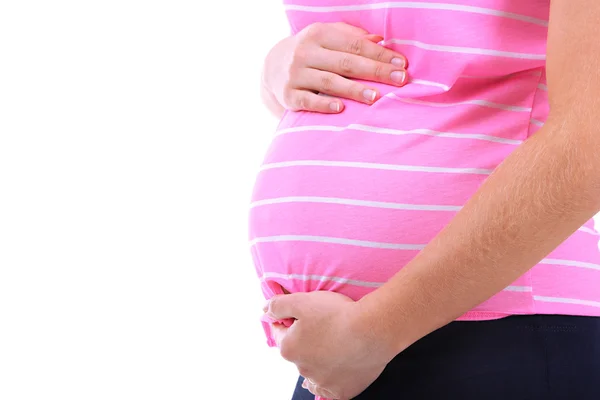 Mulher grávida tocando sua barriga isolada em branco — Fotografia de Stock