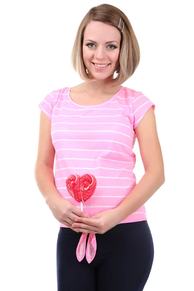 Young pregnant woman holding red lollipop isolated on white — Stock Photo, Image