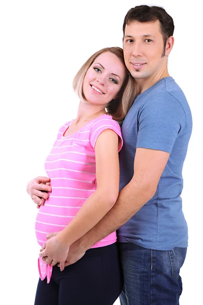 Young pregnant woman with her husband isolated on white — Stock Photo, Image