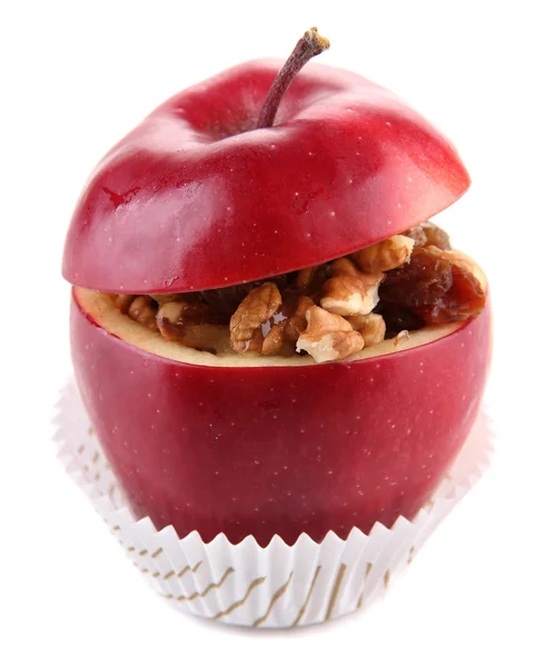 Apfel mit Rosinen und Nüssen isoliert auf weiß — Stockfoto
