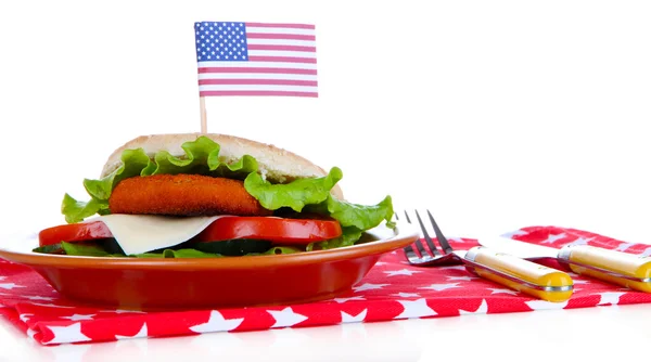 Tasty sandwich with cutlet, on color plate, on napkin, isolated on white — Stock Photo, Image