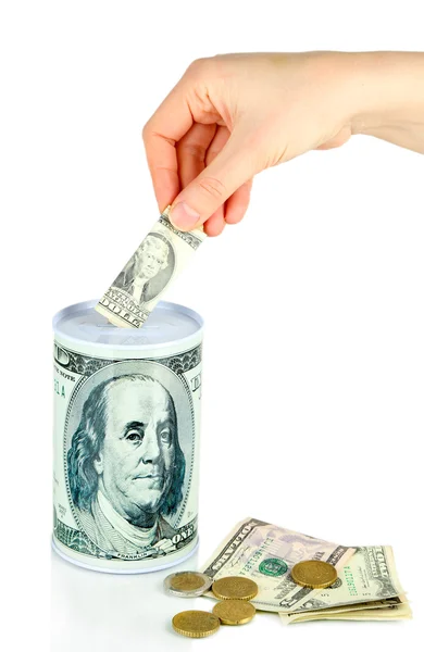 Moneybox 흰색 절연에 자금을 투입 하는 여성 손 — 스톡 사진