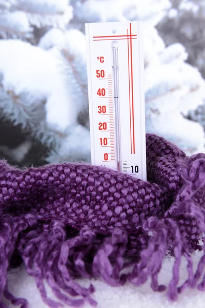 Termometer i snö på ljus bakgrund — Stockfoto