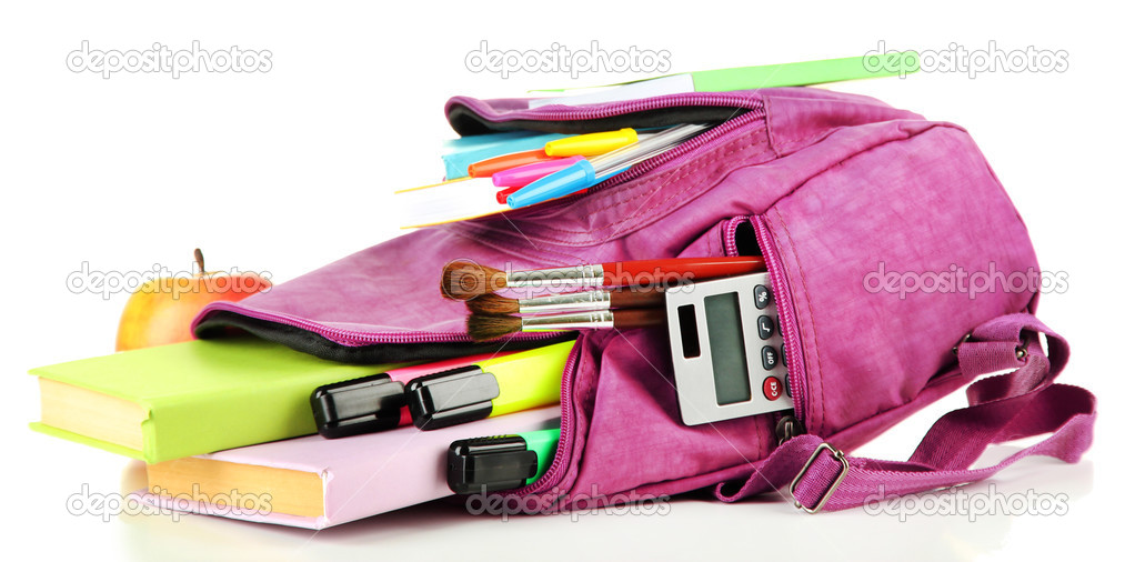 Purple backpack with school supplies isolated on white