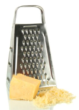 Metal grater and cheese, isolated on white