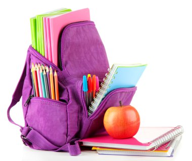 Purple backpack with school supplies isolated on white clipart