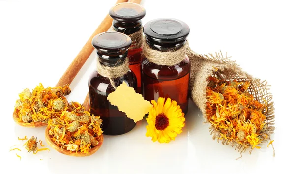 Medicine bottles and calendula, isolated on white — Stock Photo, Image