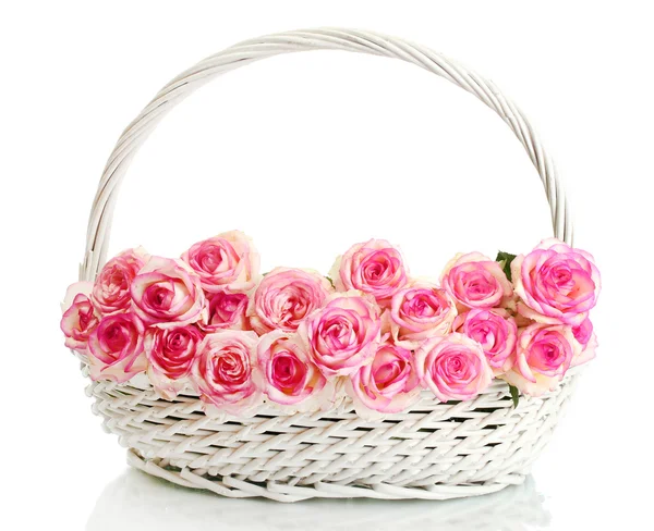 Beautiful bouquet of pink roses in basket, isolated on white — Stock Photo, Image