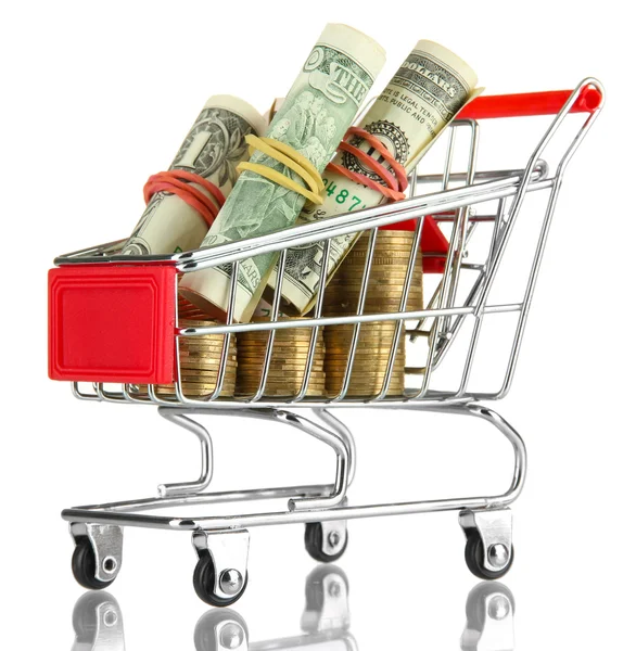 Trolley dolar ve Ukraynalı para ile alışveriş, üzerinde beyaz izole — Stok fotoğraf