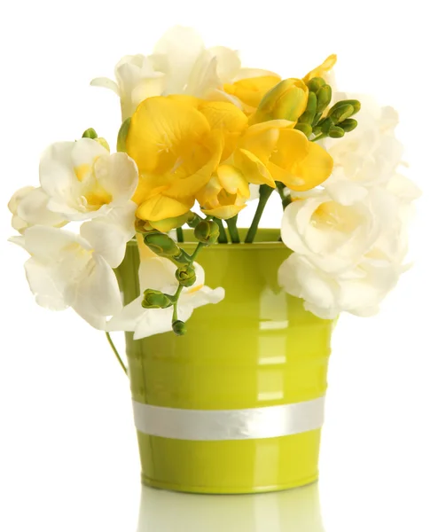 Beautiful bouquet of freesias in pail, isolated on white — Stock Photo, Image