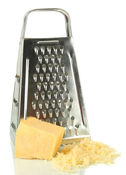 Metal grater and cheese, isolated on white — Stock Photo, Image