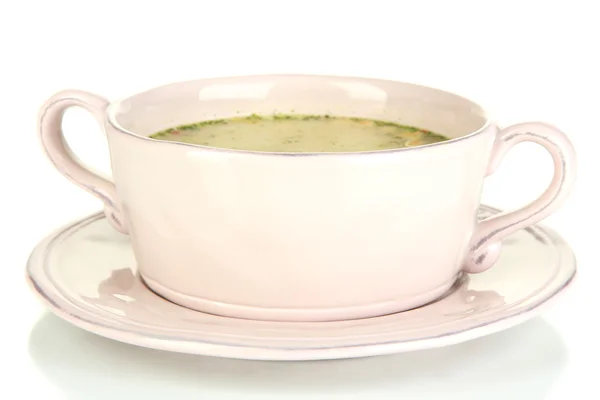 Zuppa nutriente con verdure in padella isolata su bianco — Foto Stock