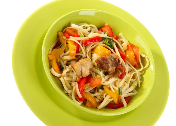 Noodles with vegetables on plate isolated on white — Stock Photo, Image