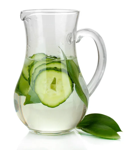 Cold water with cucumber and ice in pitchers isolated on white — Stock Photo, Image