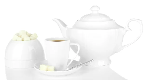 Kopje koffie, suiker-bowl en theepot geïsoleerd op wit — Stockfoto