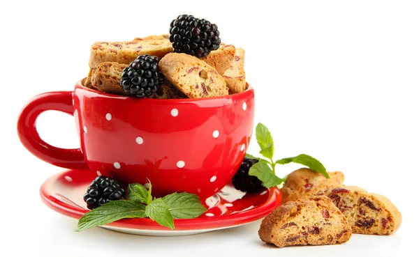 Lekkere koekjes met blackberry in cup geïsoleerd op wit — Stockfoto