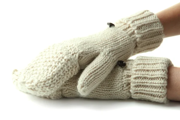 Mains en moufles de laine, isolées sur blanc — Photo