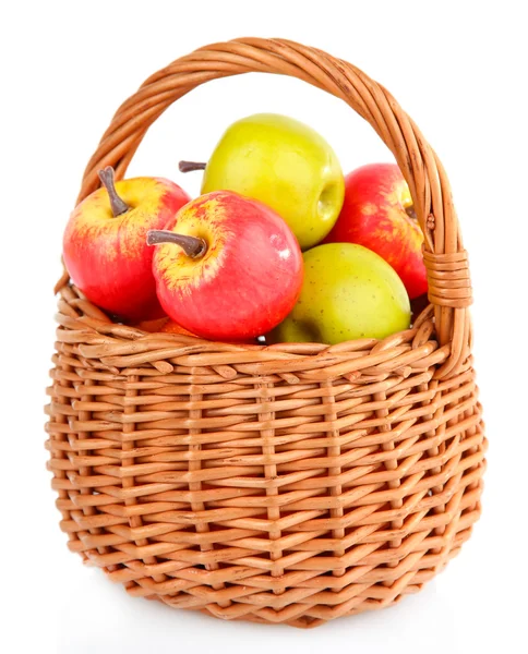 Small apples in wicker basket, isolated on white — Stock Photo, Image