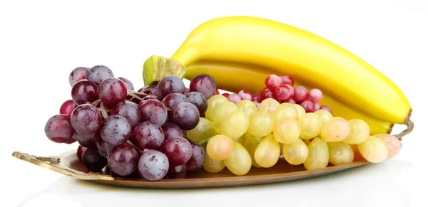 Goldenes Tablett mit Früchten isoliert auf weiß — Stockfoto