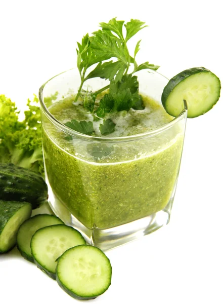 Glass of green vegetable juice and cucumber isolated on white — Stock Photo, Image