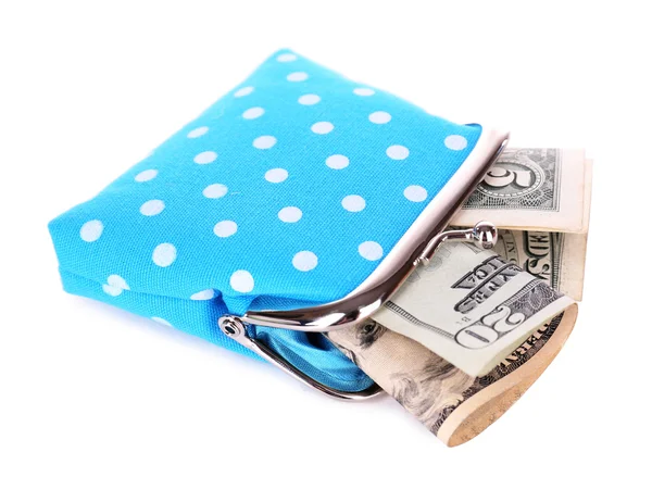 Niebieski portfel z pieniędzmi na białym tle — Zdjęcie stockowe
